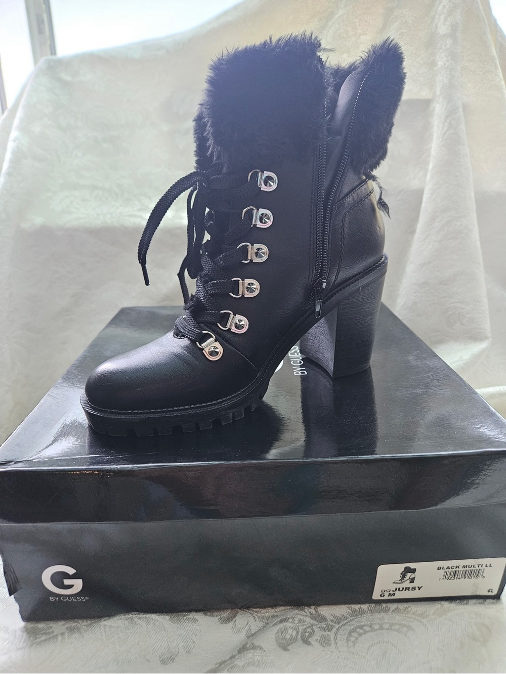 G by GUESS Black Lace-Up Fur-Trim Heeled Ankle Boots